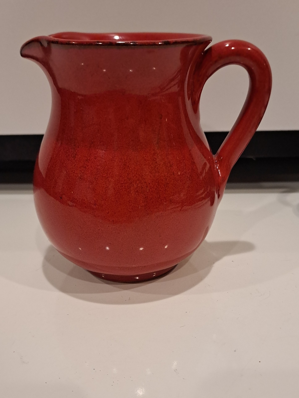 Vtg Stoneware Italian Pottery Pitcher 5 1/2" Tall. Vibrant Red Gloss Glaze W/blk